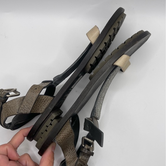 Brunello Cucinelli | Grey & Cream Leather Monili T-Strap Sandals |  EU 37 - Picture 8 of 16